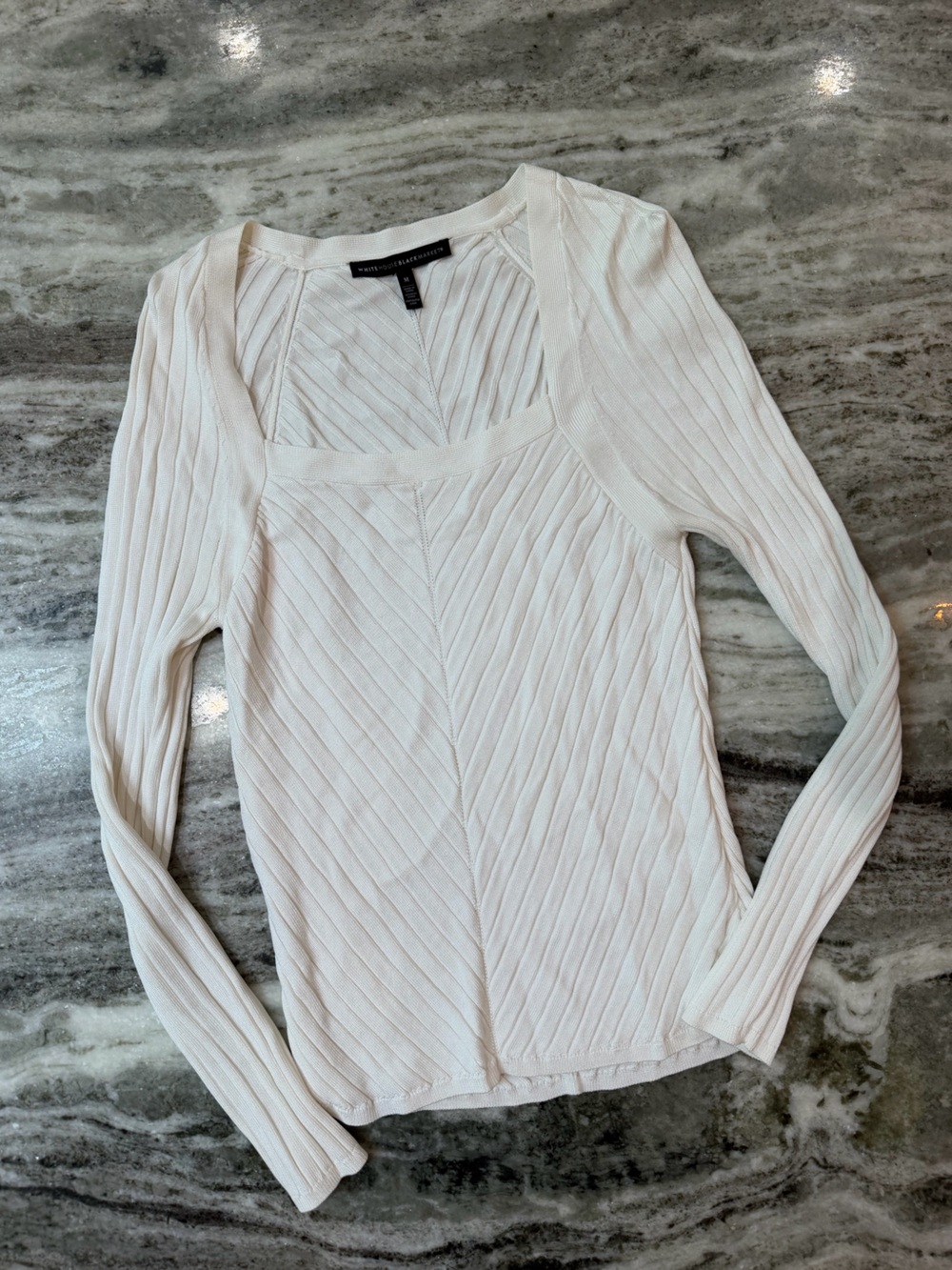 White House Black Market Ivory Ribbed Long-Sleeve Square Neck Top